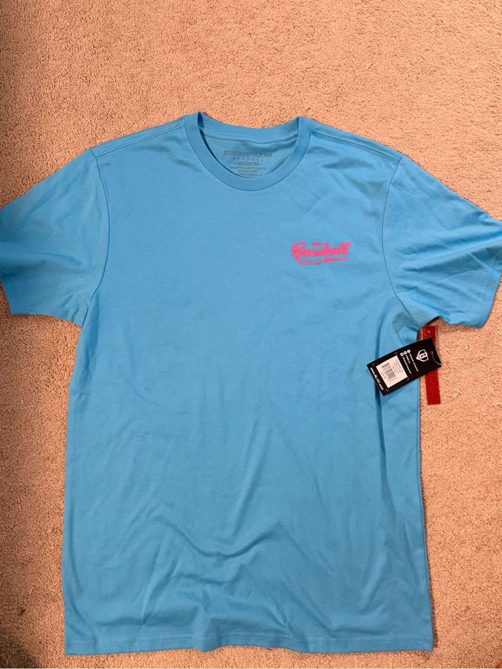 Light Blue Short Sleeve Crewneck Tee with Pink Script Accent